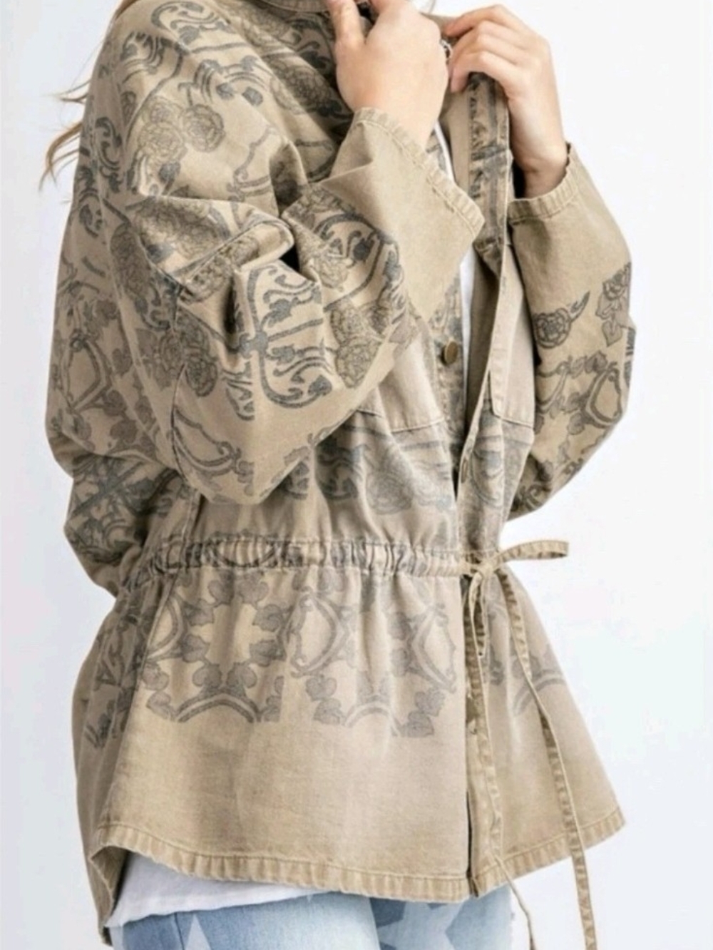 Easel Utility Drawstring Jacket in Tan with Subtle Print